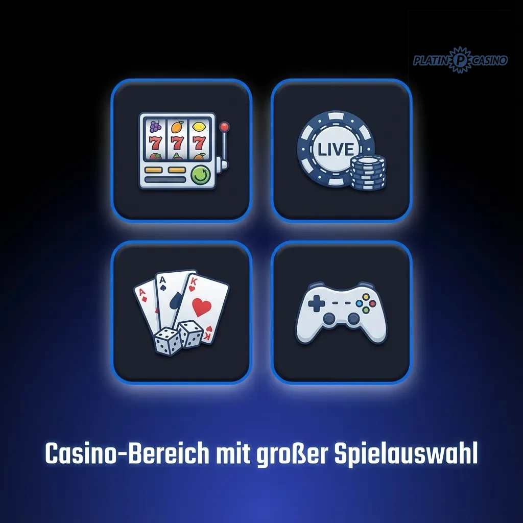 Platin Casino gaming interface displaying diverse game categories including slots, table games, and jackpot options