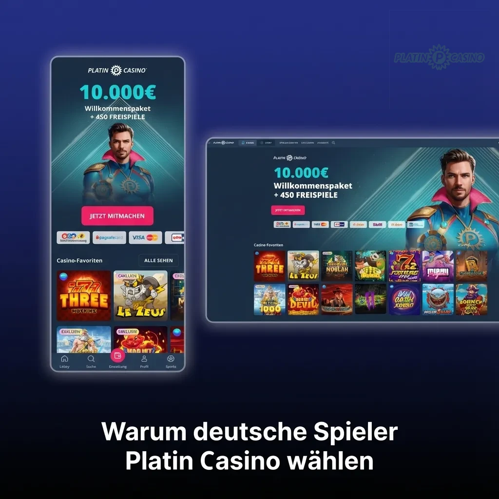 Platin Casino Logo mit Spielautomaten und Casino-Chips, sichere deutsche Online-Gaming-Plattform mit Lizenz
